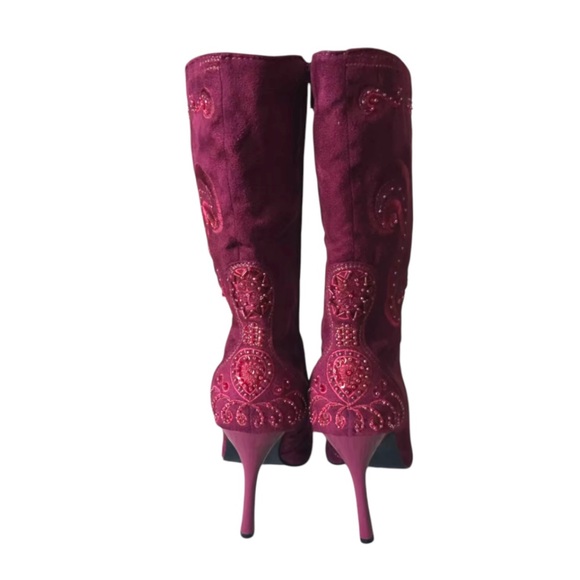 Rouge Stiletto Boots Womens Size 7 Magenta Burgundy Embroidered Beaded - Picture 2 of 9